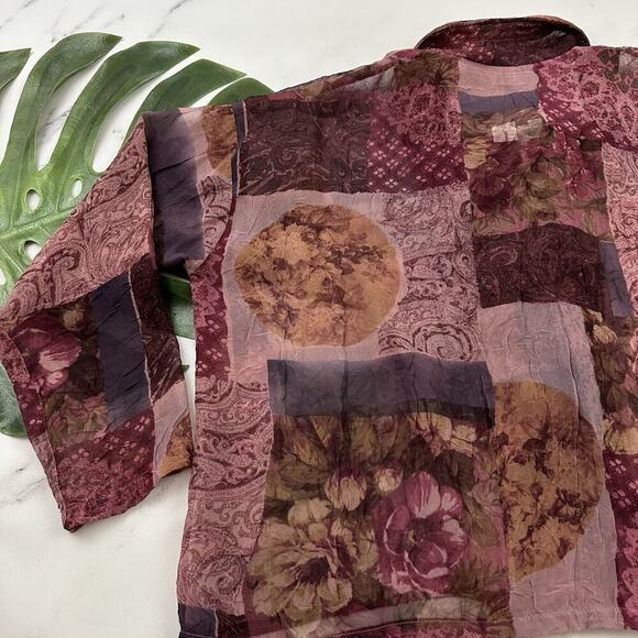 Everything Works Donna Jessica Blouse Top Size 1 S Purple Mixed Floral Patchwork - Picture 10 of 11